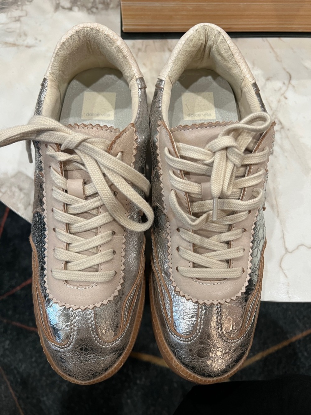 Dolce Vita Metallic Rose Gold and Cream Lace-Up Sneakers